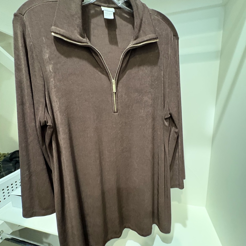 Chico's Travelers Brown Quarter-Zip Pullover, Tunic Size 2